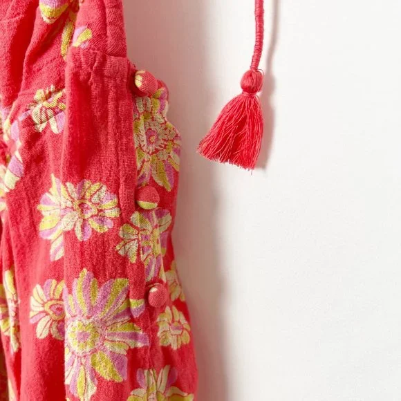 Free People Indigo Molly Tunic Tank Top Blouse Floral Boho Oversized Tie Tassel - Picture 11 of 14